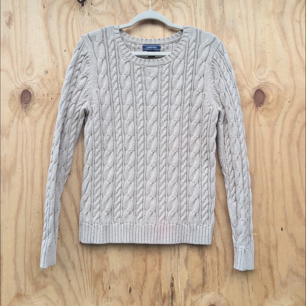Lands' End Cable Knit Oatmeal Chunky Crewneck Preppy Academia Women's Med